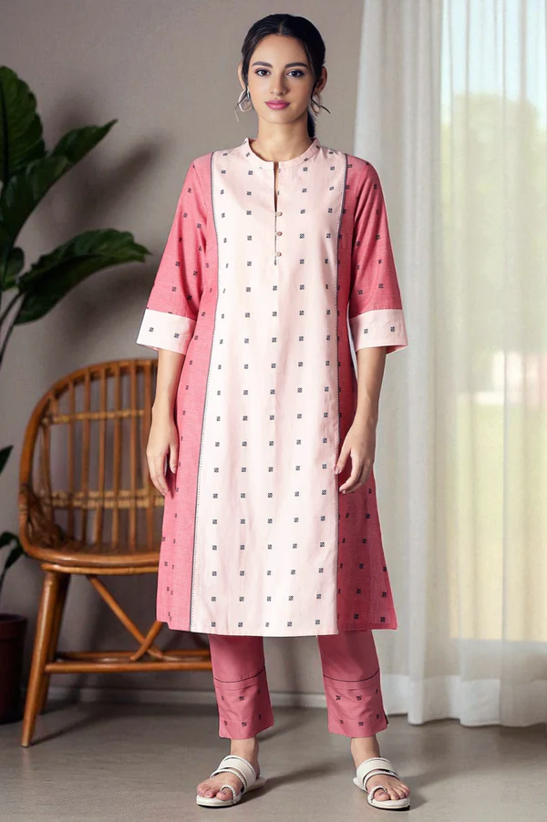 A model wearing a red printed rayon dobby straight kurta